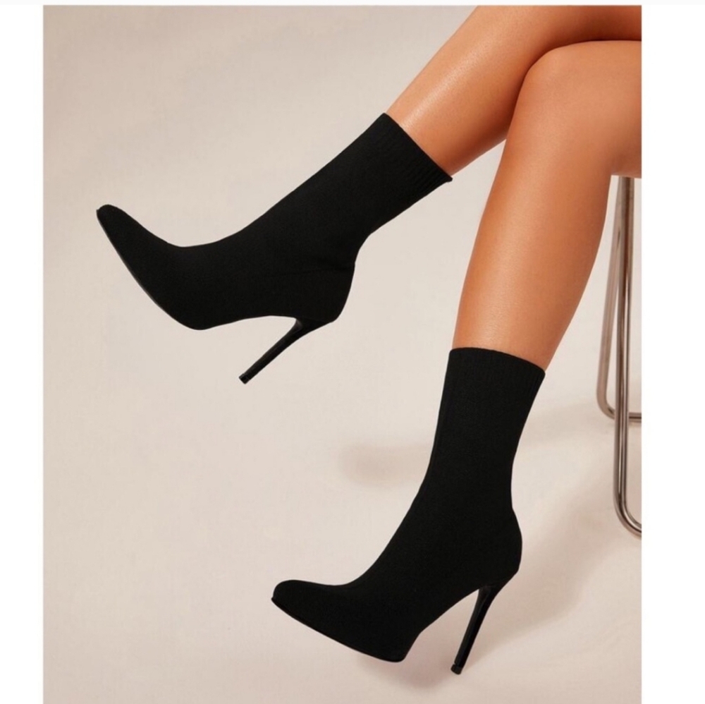 Zara Trafaluc Black Stretchy Sock Mesh Pointed Toe Ankle Boot Stiletto Heels